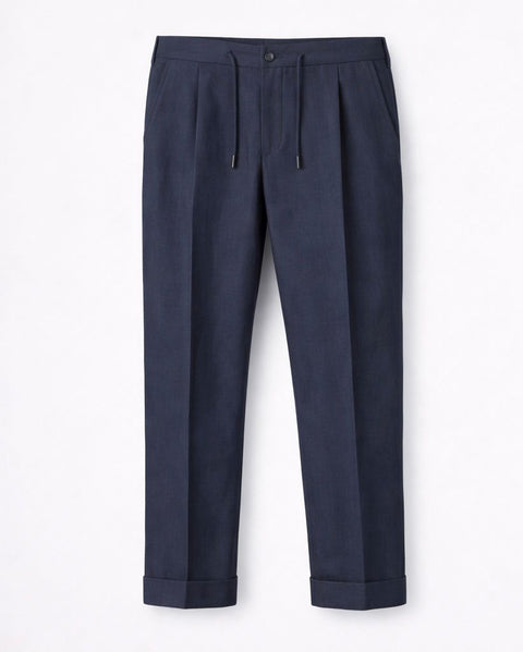 Navy Blue Linen Tailored Trousers