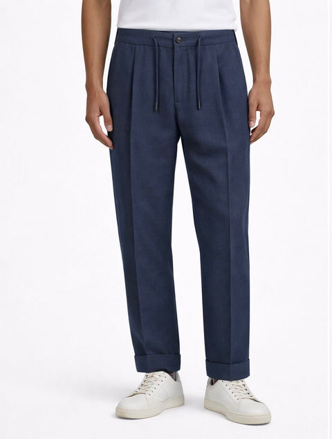Navy Blue Linen Tailored Trousers