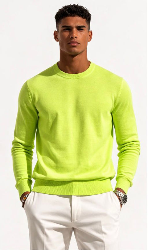 Round-Neck Knit Sweater - Lime Yellow